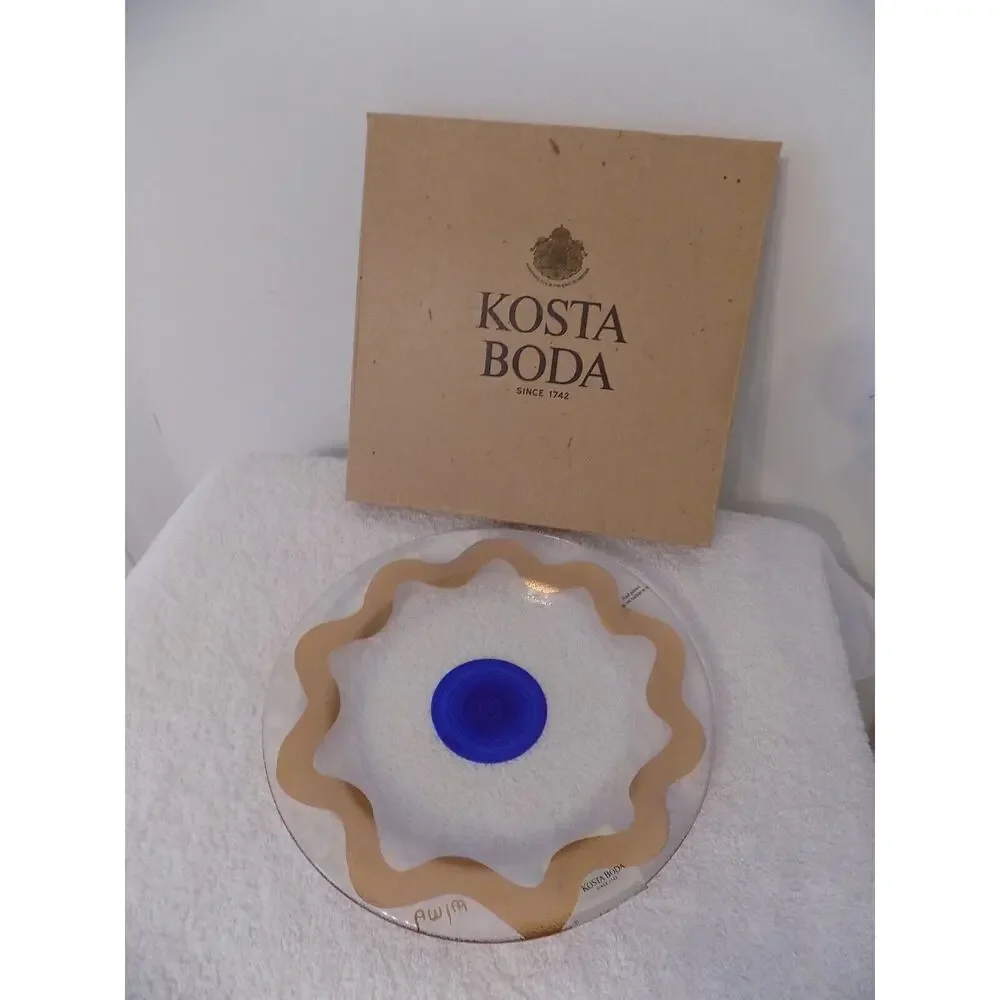 Kosta Boda Glass Cosmos Blue Dot Dessert Plate Gold Rim Signed 8